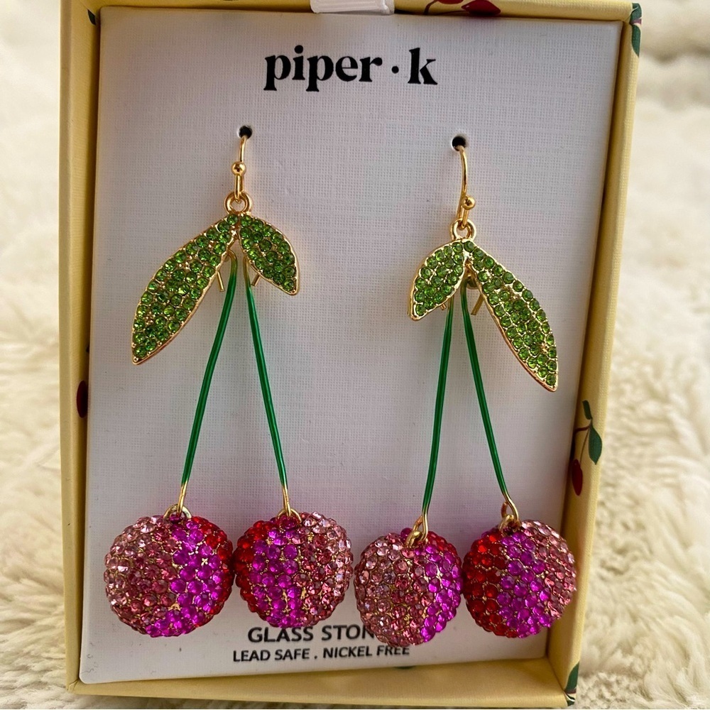 Crystal Cherry Statement Dangle Earrings Pink Gre… - image 3